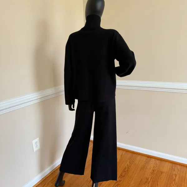 Knit Loose Set Mock Neck Blouse High Waist Flare High Rise Pants Cardigan Winter - Image 7