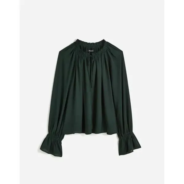Madewell Long-Sleeve Tie-Neck Top Luxury Forest Sheer Blouse Size XS #1100 - Image 12
