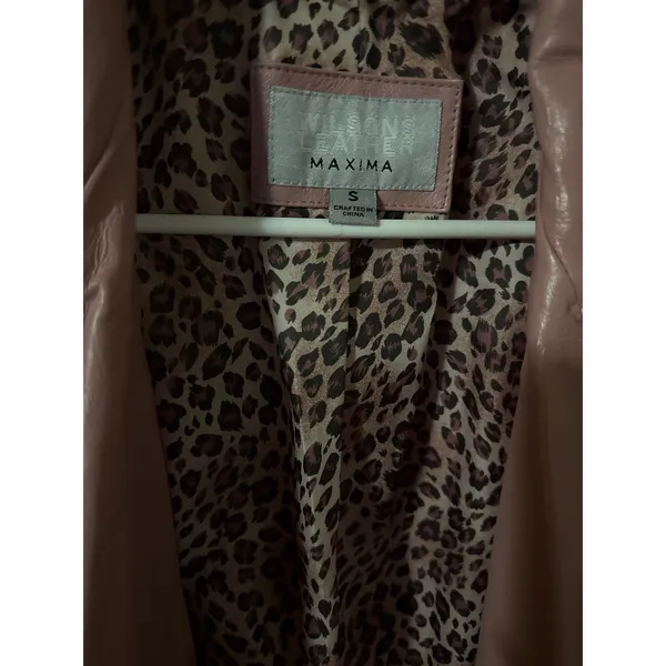Wilsons Leather Maxima Womens Pink Leather Trench‎ Coat Belted Leopard Lining S - Image 5