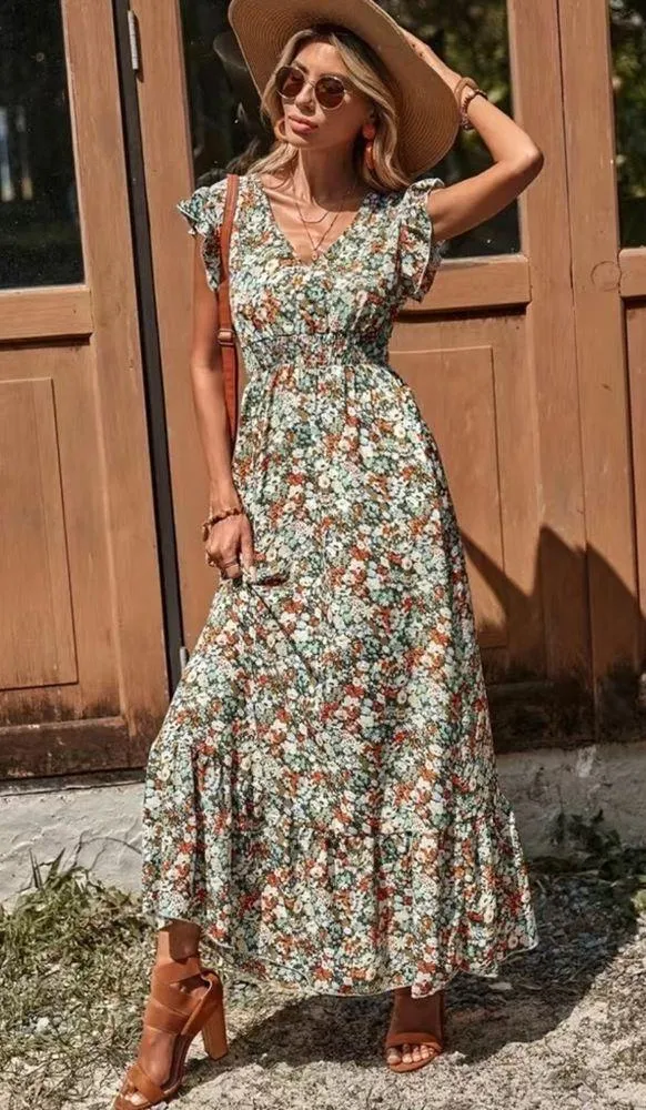 Women’s Ditsy Floral Ruffle Trim V Neck Smocked Waist Boho Maxi Dress NWT - Image 5