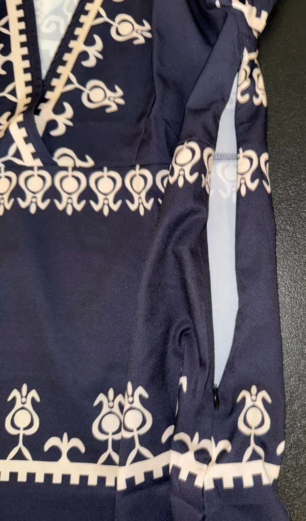 Blue‎ Zone Planet Navy and Tan Ethnic Print Boho V-Neck Midi Dress - Image 4