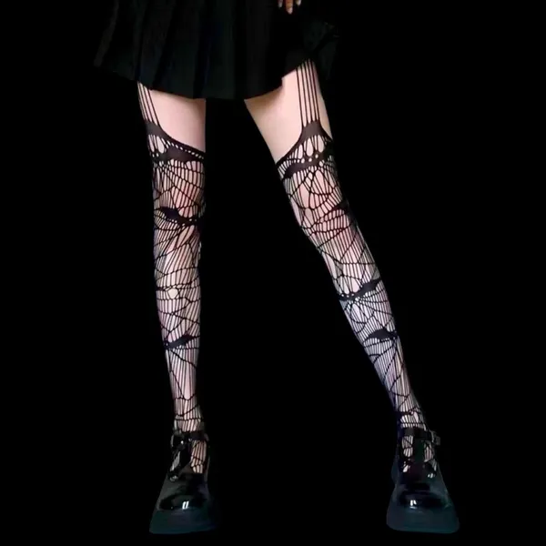 Black Bat Fishnet Suspender Tights Hollow Out High Waist Mesh Pantyhose One Size - Image 11