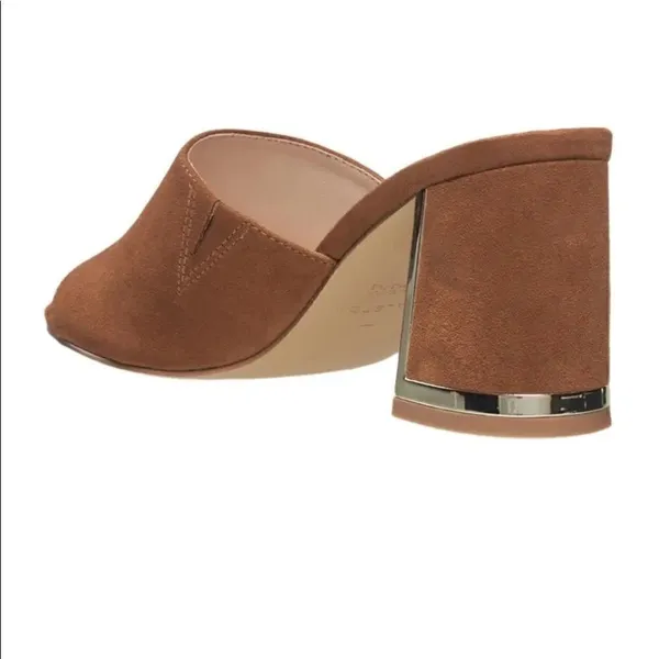 Halston Vegan suede dress sandal gold detail cognac color - Image 6