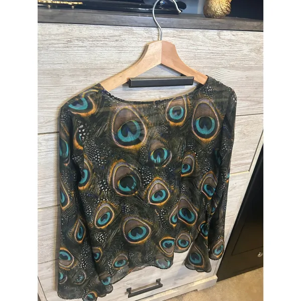 Show Me Your Mumu Peacock Feather Lace Up Bell Sleeve Blouse Medium - Image 7