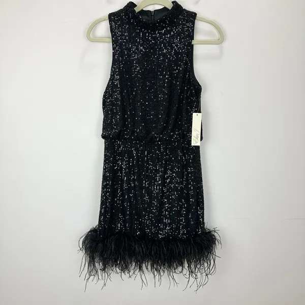 Eliza J Sequined Feather Hem Mini Dress Party Glam Mockneck Cocktail US 8 NWT - Image 5