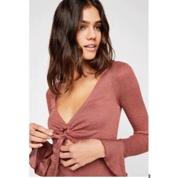 Free People‎ Tie Front Top Rose Gold Large Boho Festival Shimmer Bell Sleeve - Image 6