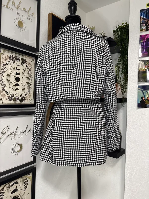 SHEIN Black White Houndstooth Skirt & Blazer Set Cropped Blazer Size: Large - Image 2