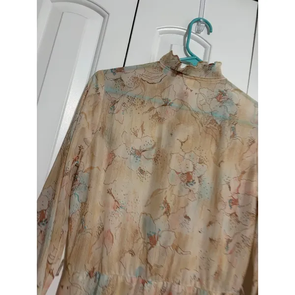 Vintage Midi Dress Cottagecore Floral Peach High Ruffle Neck‎ Button Front 12 - Image 8