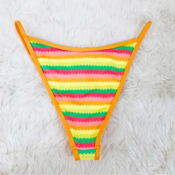 L*SPACE Tommy Rainbow Stripe‎ String Bikini Bottom Cheeky Orange Size Medium New - Image 5