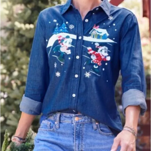 Disney Mickey and Minnie Christmas ice skating denim button down top never worn - Image 2