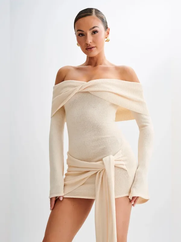 NWT‎ Meshki Camryn Off Shoulder Tie Knit Mini Dress Cream Marle Women’s Size L - Image 5