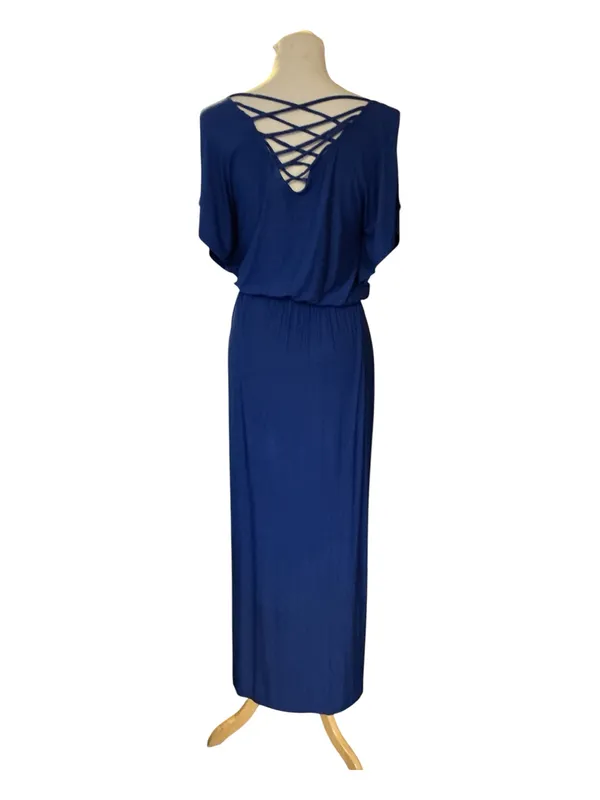 Apt. 9 Royal Blue Short Sleeve Maxi Dress Lattice Back Blouson Elastic Waist Resort - Image 2