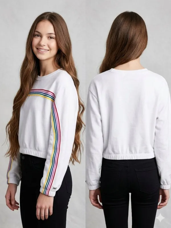 Abercrombie & Fitch Crop oversized Sweatshirt Womens XS White Rainbow Stripe - Image 11