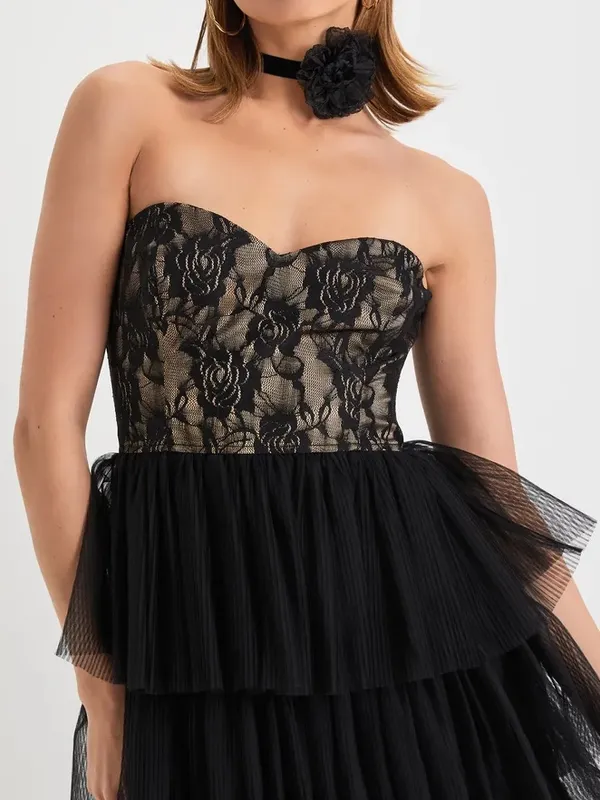 Lulus Sensational Darling Black Lace Tulle Tiered Strapless Maxi Dress - Image 3