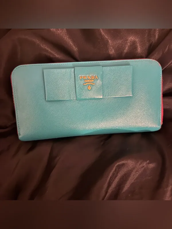 PRADA REWORK: Turquoise Saffiano Leather Bow Clutch with Gold Logo - Image 3