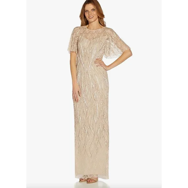 Adrianna Papell Beaded Flutter Sleeve Gown Long Biscotti Beige Formal US 4 NWT - Image 3