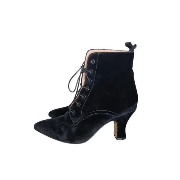 ALEXACHUNG Black Velvet Lace Up Ankle Boots 40 Pointed Toe Victorian Heels - Image 2
