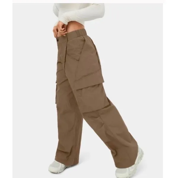 Halara Mid Rise Button Zipper Side Pocket Wide Leg Cargo Size Small Brown NWT - Image 3