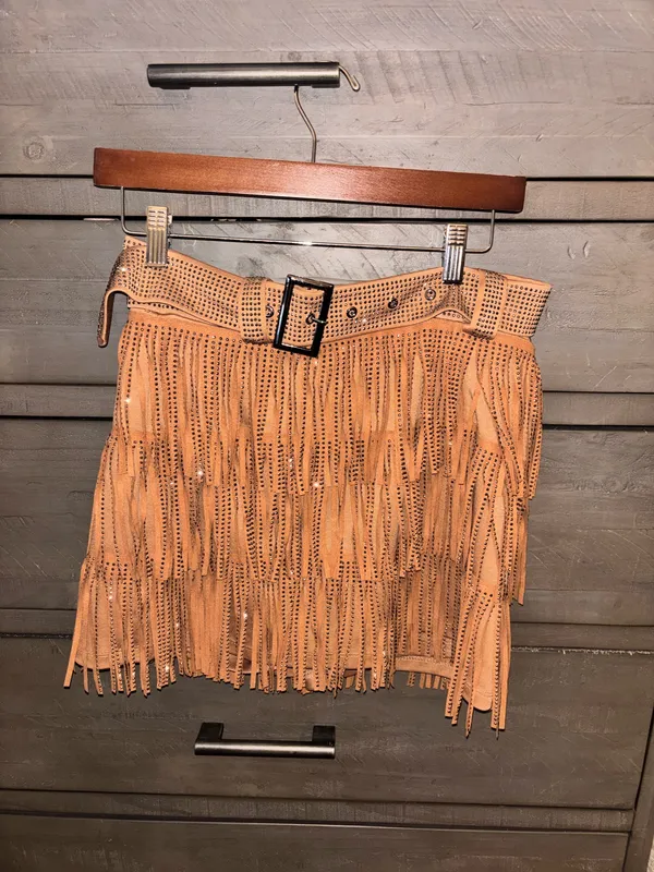 Rhinestone Fringe Mini Skirt Brown - Image 2
