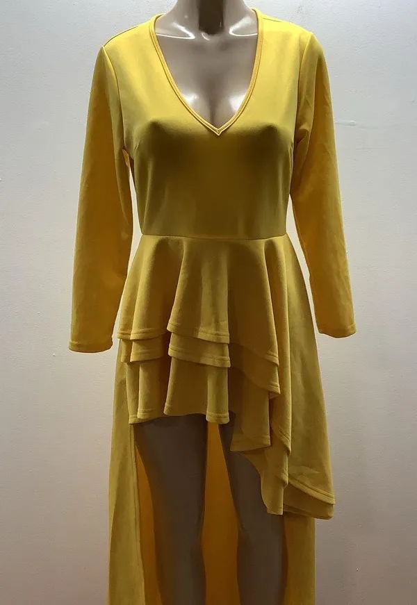 Shirt Dress Size Medium Yellow Ruched Blouse Asymmetrical Peplum Long Tunic Top - Image 2