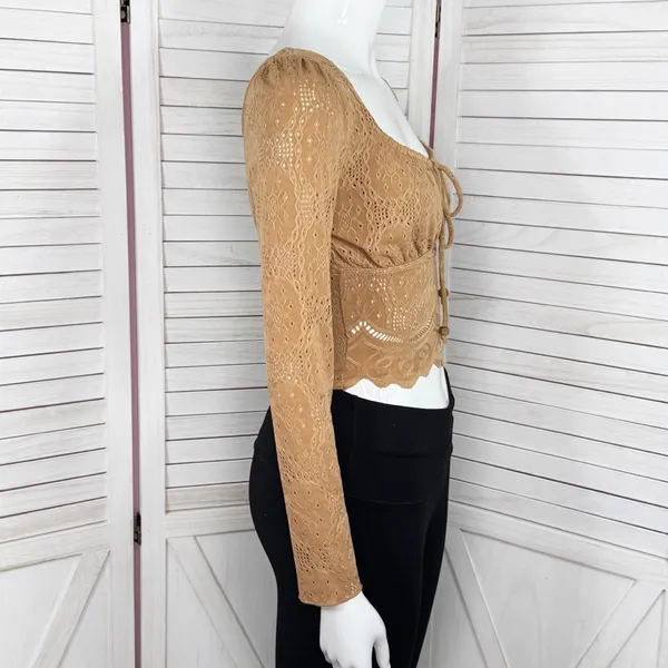 Kirious Boho Embroidered‎ Eyelet Tie Neck Long Sleeve Crop Top Tan XS - Image 3