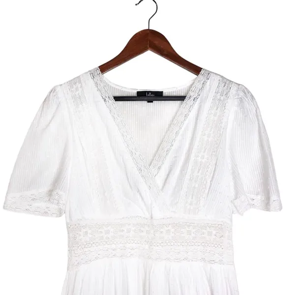 Lulu's Folklore Swiss Dot Lace Trim Tiered Gauze Midi Dress Pinstripe White M - Image 6