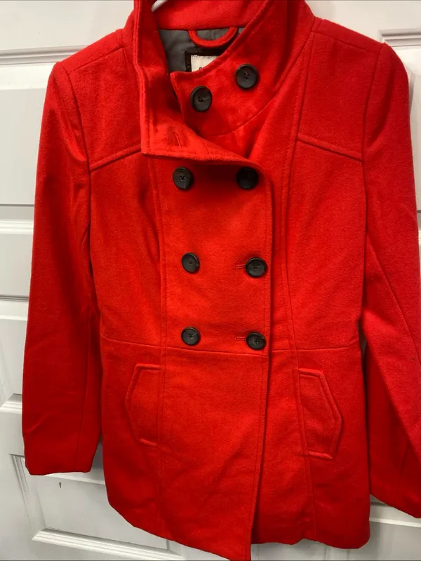 Old Navy Red Pea Coat Wool Blend XS Extra Small Winter Preppy Classic Outerwear - Image 3