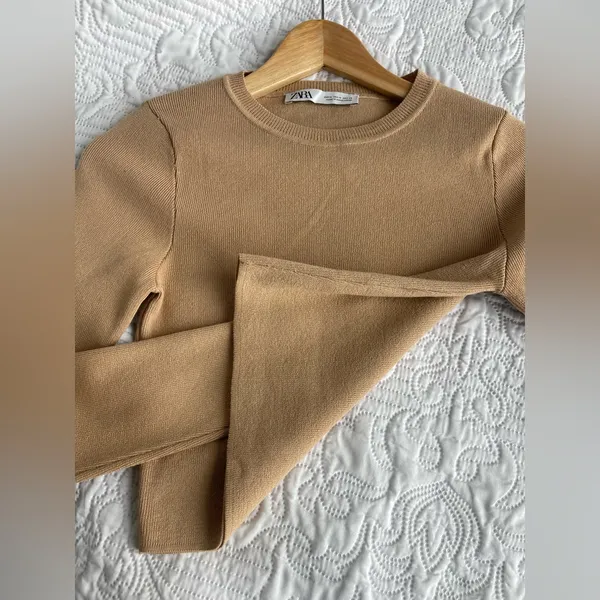 ZARA CAMEL KNIT CROPPED SWEATER M - Image 2