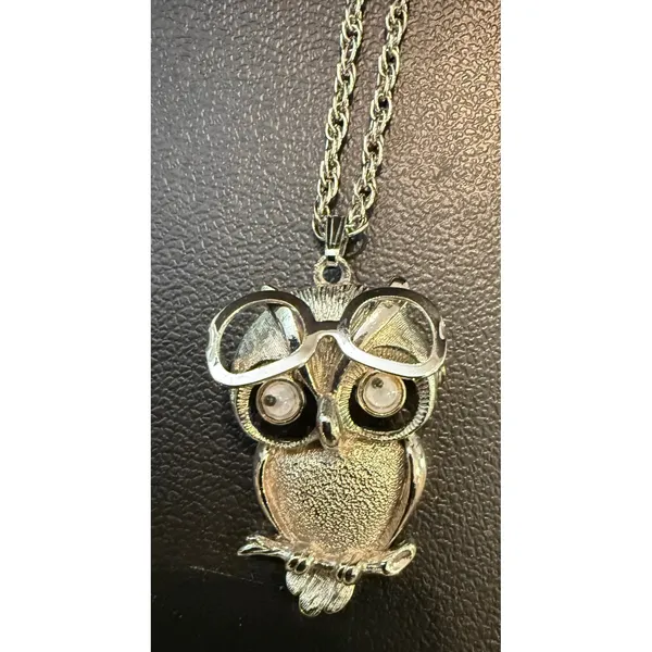 FAB Womens Pendant Necklace Silver Owl Moving Glasses Vintage Costume‎ Jewelry - Image 3
