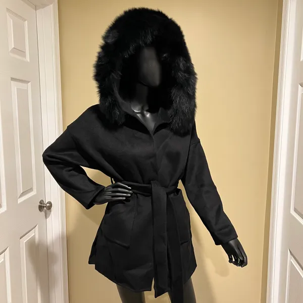 Fox Fur Winter Trench Coat Wool Jacket Parka Bomber Fall Jacket Warm Cardigan Black Size M - Image 3