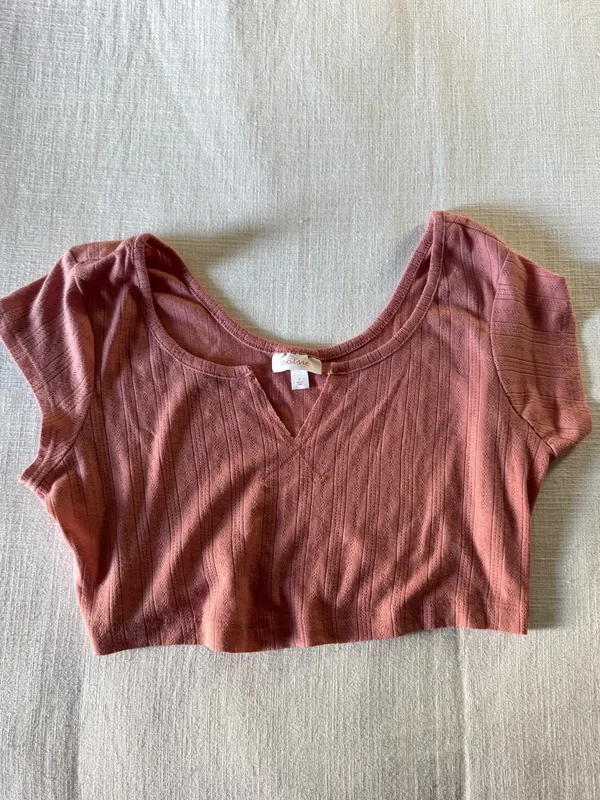 Colsie Short Sleeve Pointelle Crop Top - Rosy Pink, Large - Image 2