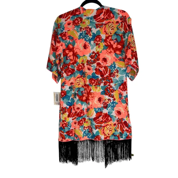 LuLaRoe Monroe Kimono Cardigan Floral Fringe‎ Coral Blue Yellow Pink Size S - Image 7