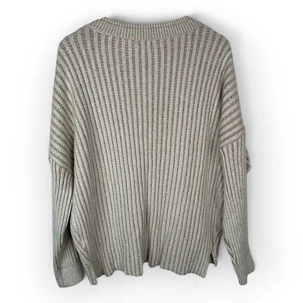BKE Womens Large Oversized V Neck Ribbed Sweater Beige Tan Striped Slouchy - Image 2