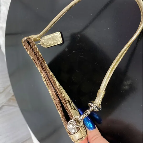Coach Signature‎ Canvas Leather Wristlet Bag Beige Gold - Image 4