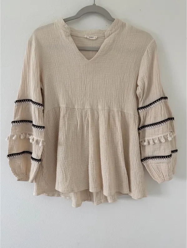 Anthropologie Neutral Eco Peasant Boho Chic Western Balloon Cotton Blouse small - Image 2