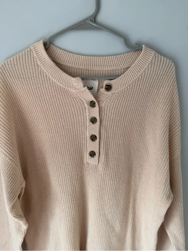 Aerie Knit Cotton Henley Sweater Button Up Hippie Boho Brown Tan Size S - Image 2