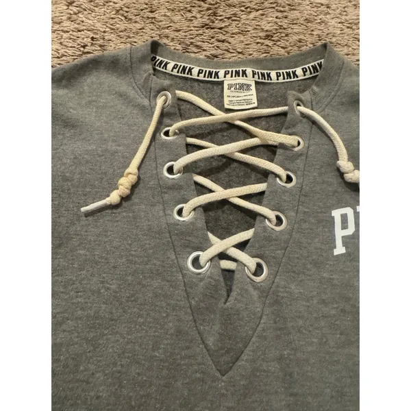 PINK Victoria's Secret Lace Up V Neck Sweatshirt XS Gray Athleisure‎ - Image 3