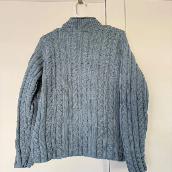 J. Crew Hand Knit Cable Knit Mock Neck Wool Blend Sweater Blue Small - Image 6