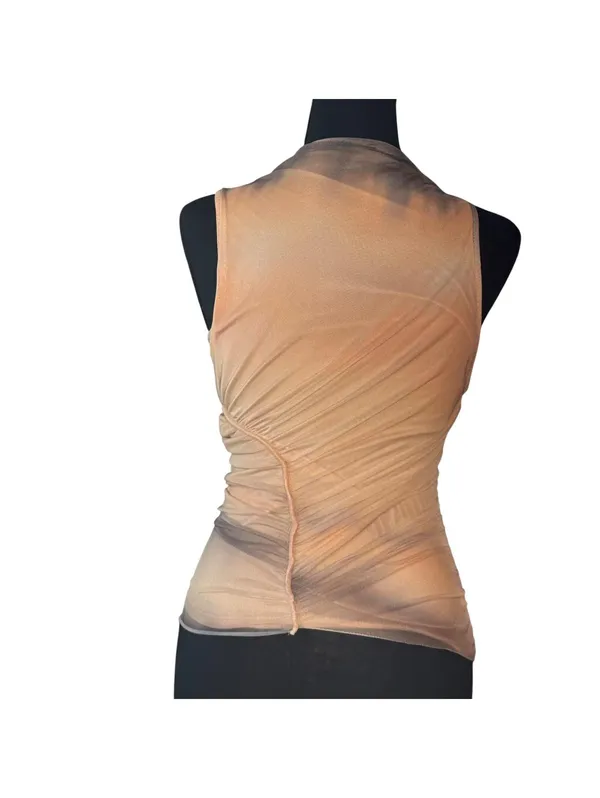 ZARA Sheer Ruched Sleeveless Tank Top Beige Mesh - Image 5