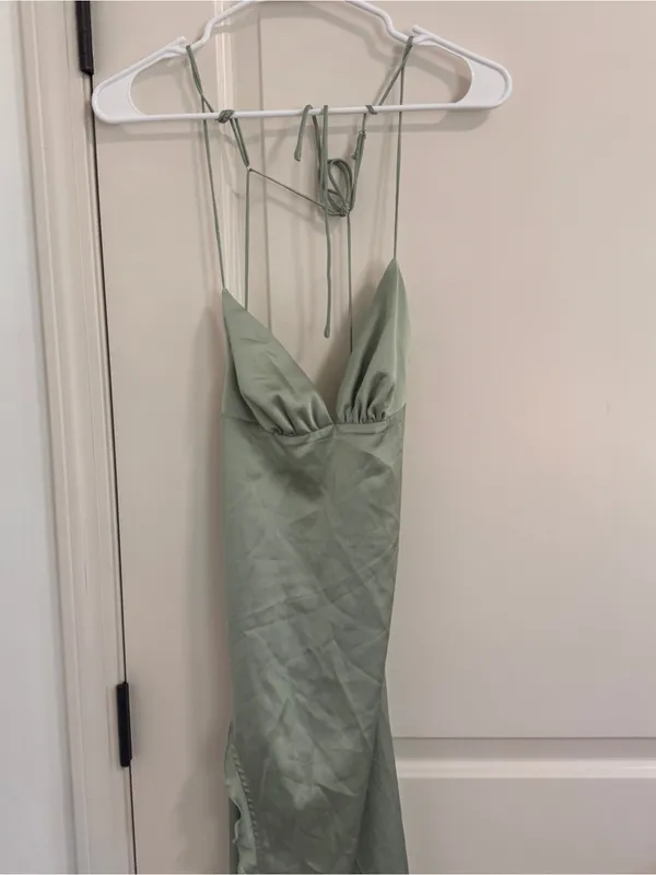 Lucy in the Sky Sage Green Ruffle-Slit Slip Maxi Dress - Image 4