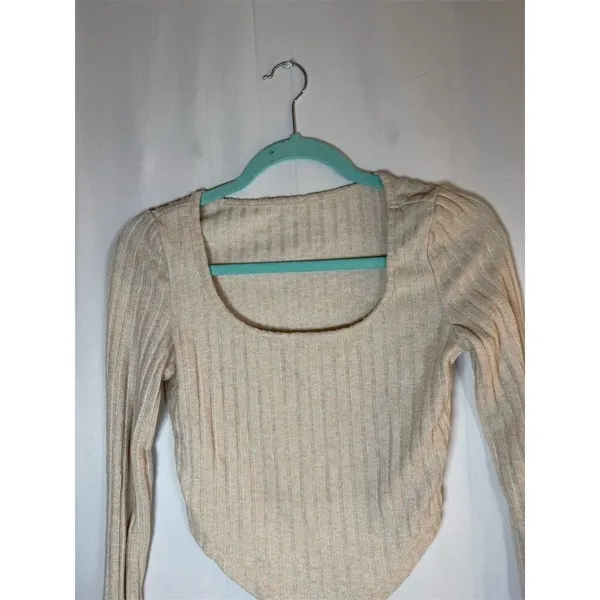 SHEIN Cropped Top Womens Size S Beige Ribbed Knit Square Neck Long Sleeve - Image 2