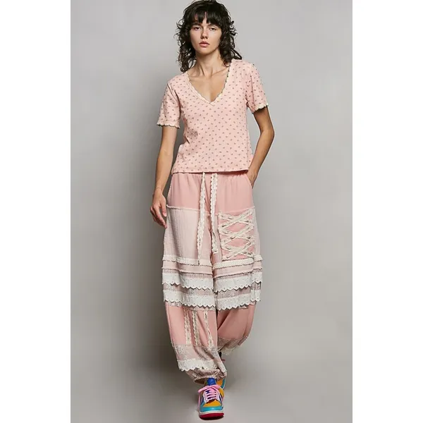 POL Floral V-Neck Short Sleeve Rib T-Shirt - Soft Pink - Medium - Image 5
