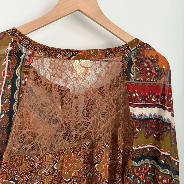 Fig & Flower 2X Tie Front Blouse Paisley Peasant Gypsy Boho Puff Sleeve Relaxed - Image 5