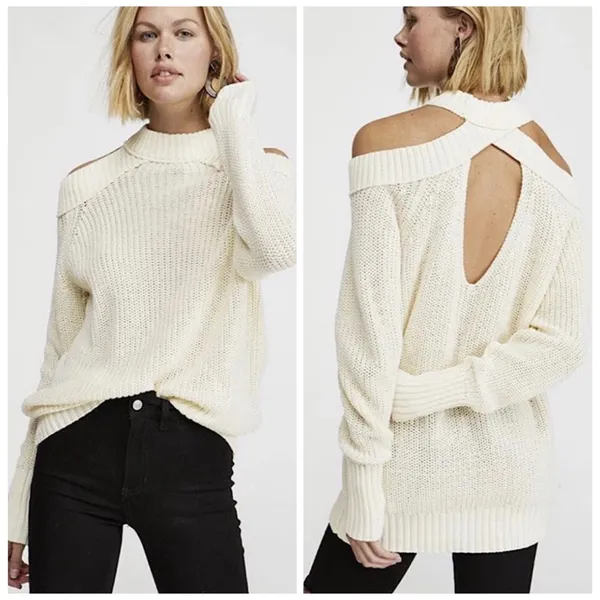 Free People‎ Sweater Womens Medium Ivory Boho Cold Shoulder Mock Neck OB994777 - Image 2