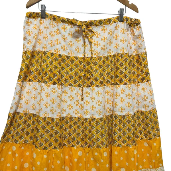 Boho Tiered‎ Midi Skirt L Yellow Patchwork Cottagecore Prairie Hippie Festival - Image 3