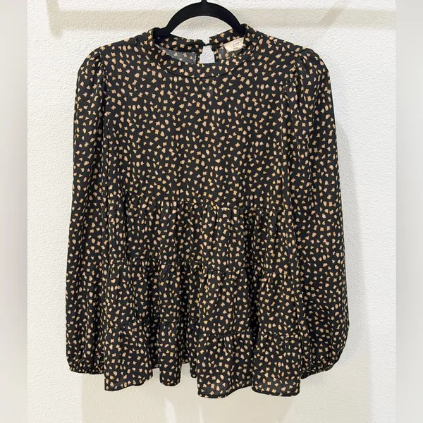 Ott Black Tiered Long Sleeve Blouse – Smudge Dot Print – Size Small - Image 4
