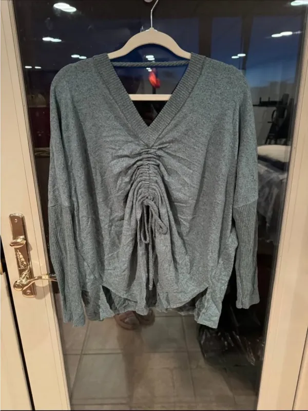 Lulu's Heather Teal V-Neck drawstring Knit Sweater - Image 2