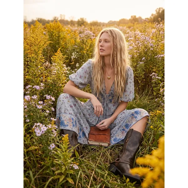 Free People Bohemian Billowy Cottage Lysette Maxi Dress Periwinkle Floral Medium - Image 3
