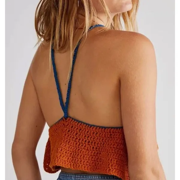 New Sz Large L Free People Bella Crochet Cropped Crop Halter Tank Top Shirt Boho - Image 2