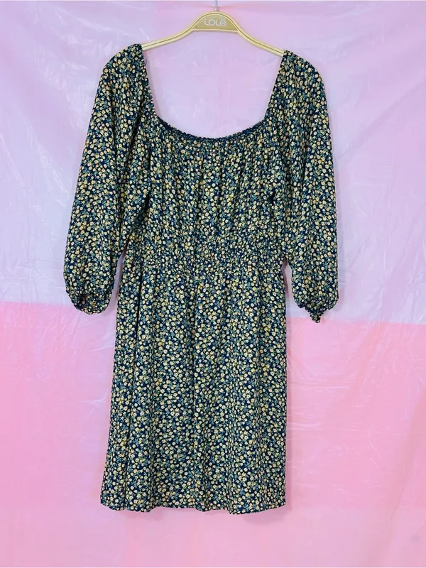 AUW Navy and Yellow Floral Square-Neck Midi Dress - Image 3